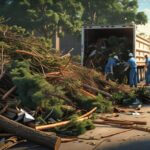 create an image of a solid waste disposal, particularly tree trimmings, brush, and construction debris, city cleanup crew. extremely realistic images