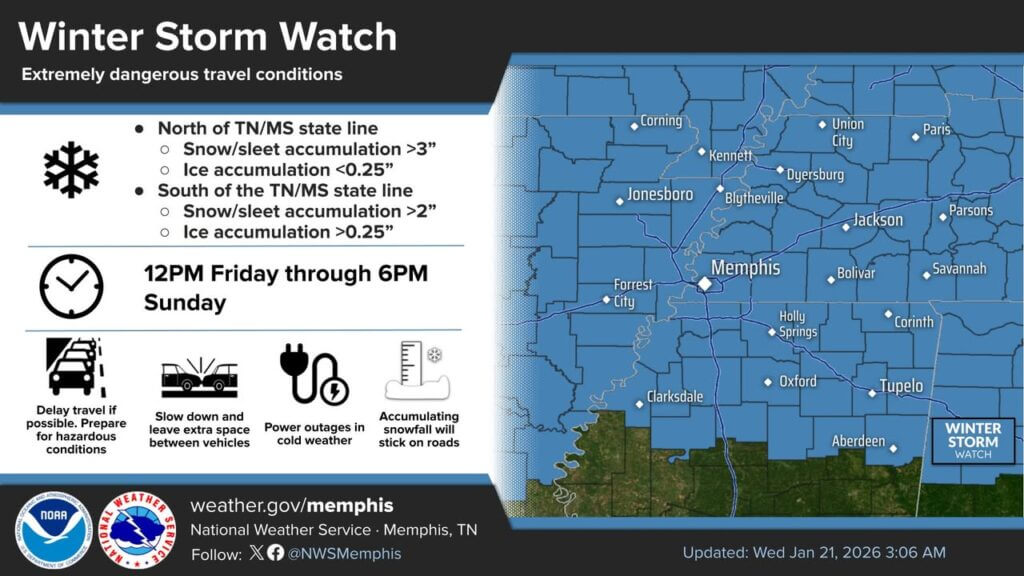 A Winter Storm Watch has been issued for 12PM Friday through 6PM Sunday across the entire Mid-South.