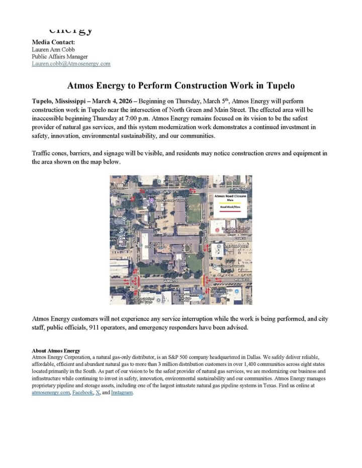 Atmos Energy to Perform Construction Work in Tupelo