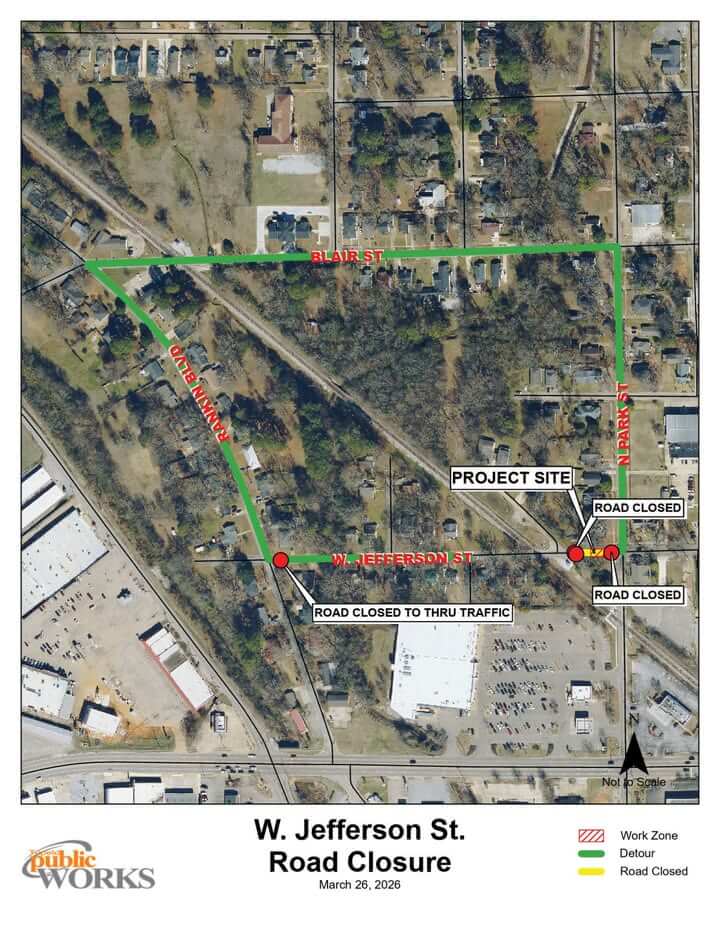 Public Works crews will close a section of West Jefferson Street on Thursday, March 26 at 7:00 am