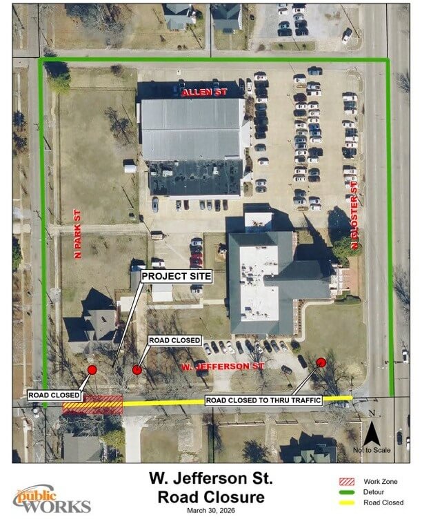 City of Tupelo Public Works will close a section of West Jefferson Street on Tuesday March 31, begin
