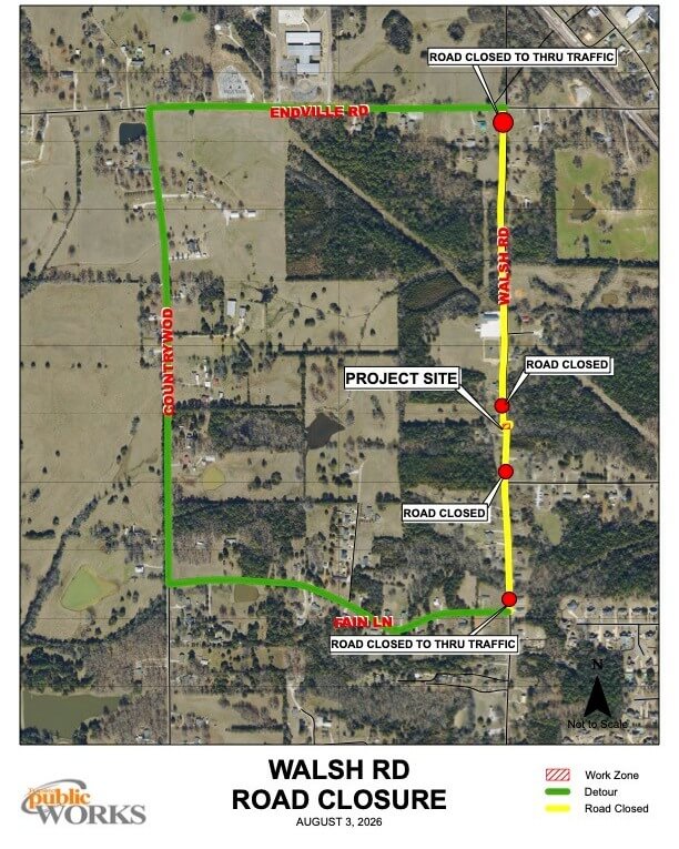 The City of Tupelo Public Works Department will conduct a cross-drain replacement on Walsh Road on W