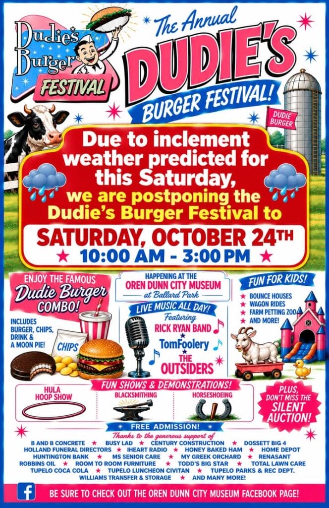 Please take note of the new date for the Dudie's Burger Festival....Saturday, October 24