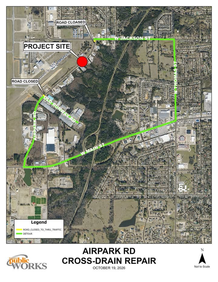 The City of Tupelo Public Works Department announces that Airpark Road will be closed to through tra